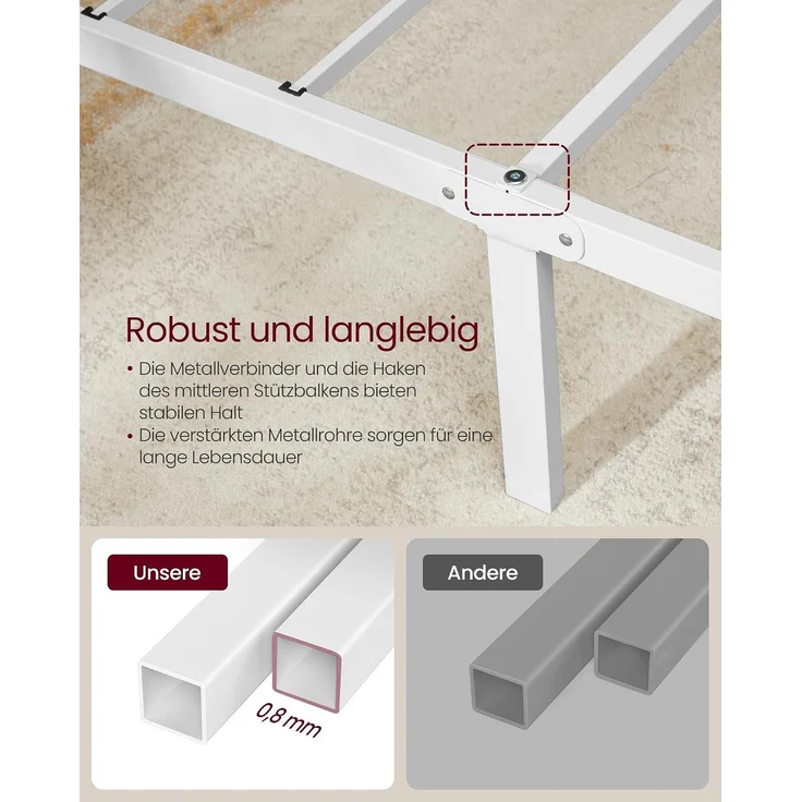 VASAGLE Bett 140 x 200 cm, Gästebett, Doppelbett aus Metall, Bettgestell, Bettrahmen, Metallbett, einfache Montage, mattweiß – Bild 4