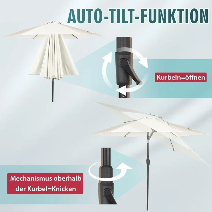 Sekey 270cm Sonnenschirm mit Kurbel und Auto Kippen,Marktschirm für Terrasse,Balkon & Garten,Windfest Stabil UPF 50+,Graubeige,Rund – Bild 3