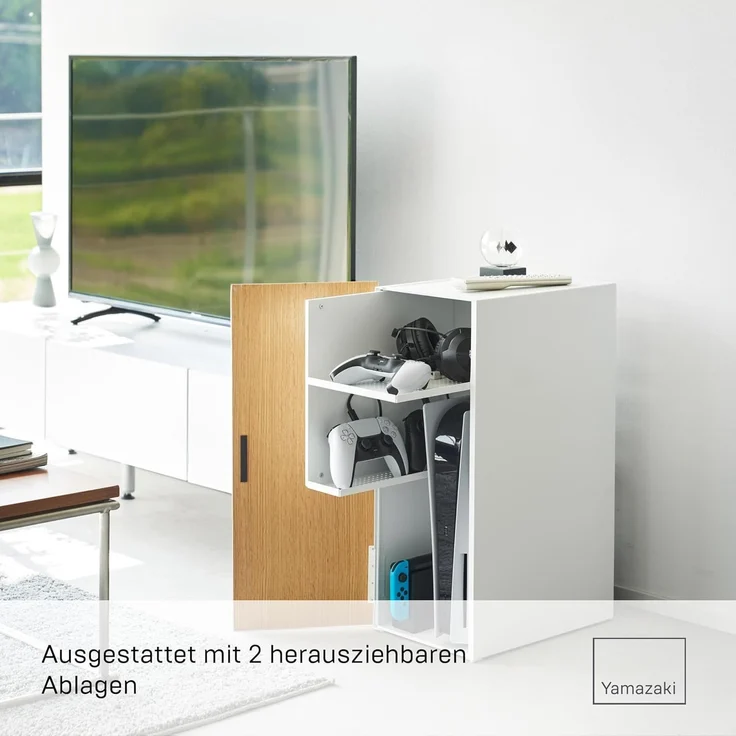 Yamazaki Beistellschrank Tower Schrank Metall für Spielekonsole für Wohnzimmer Büro zur Organisation von Konsolen, 2 ausziehbare Controllerhalter – Bild 5