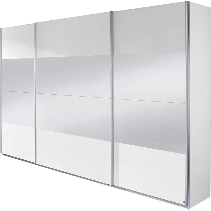 Rauch Möbel Imposa Kleiderschrank/Schwebetürenschrank mit Spiegel, 4 Einlegeböden, 4 Kleiderstangen, 3-türig, Hochglanz weiß/Alpinweiß, 316 x 62 x 210 cm