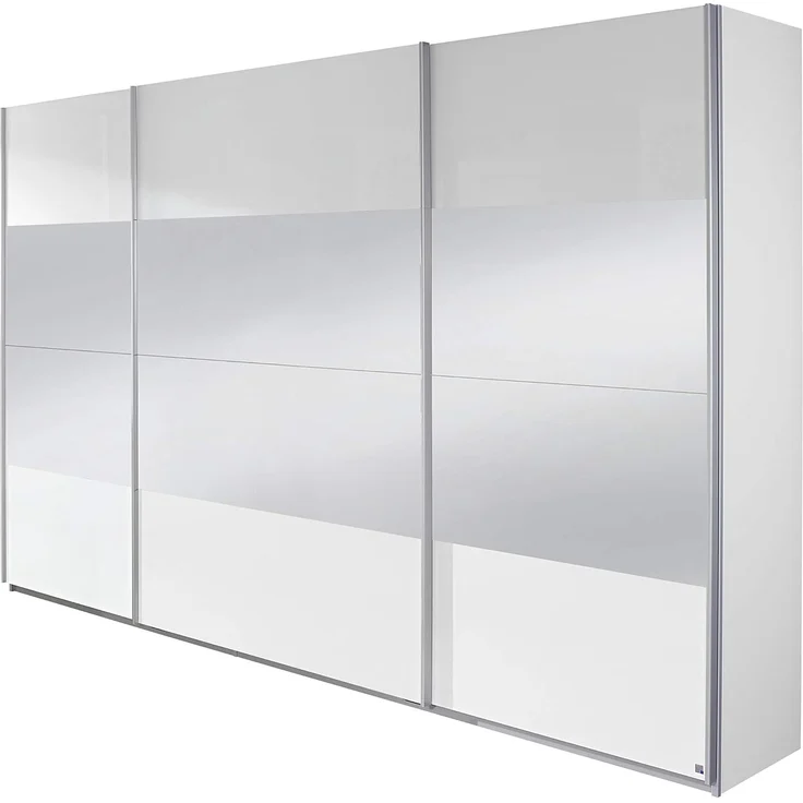 Rauch Möbel Imposa Kleiderschrank/Schwebetürenschrank mit Spiegel, 4 Einlegeböden, 4 Kleiderstangen, 3-türig, Hochglanz weiß/Alpinweiß, 316 x 62 x 210 cm