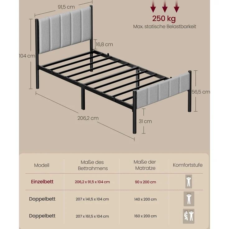 VASAGLE Einzelbettgestell, 90x200 cm, mit gepolstertem Kopfteil, Bettrahmen, trägt bis zu 250 kg, Stahl Taubengrau – Bild 5