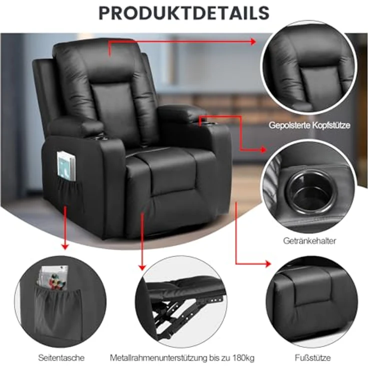 COMHOMA Relaxsessel Fernsehsessel mit verstellbarer Rückenlehne und Fußstütze,360°drehbarer Loungesessel aus PU-Leder mit Getränkehaltern und Seitentaschen,ergonomische Ganzkörperunterstützung,Schwarz – Bild 4