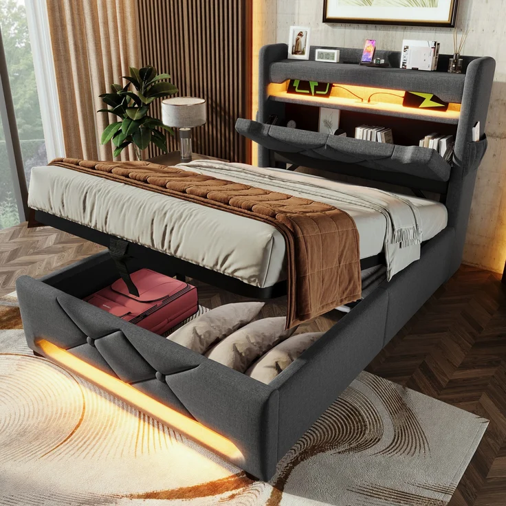 Polsterbett Einzelbett Leinen, mit 360° Musik-LED & 4-fach Ladestation inkl. Matratze, 90x200 cm, Grau – Bild 4