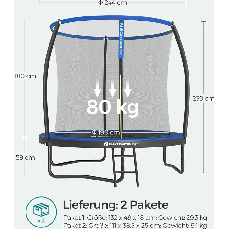 Songmics Trampolin mit Leiter, Sicherheitsnetz und gepolsterten Stangen, Stahl blau, Ø 244 cm – Bild 7