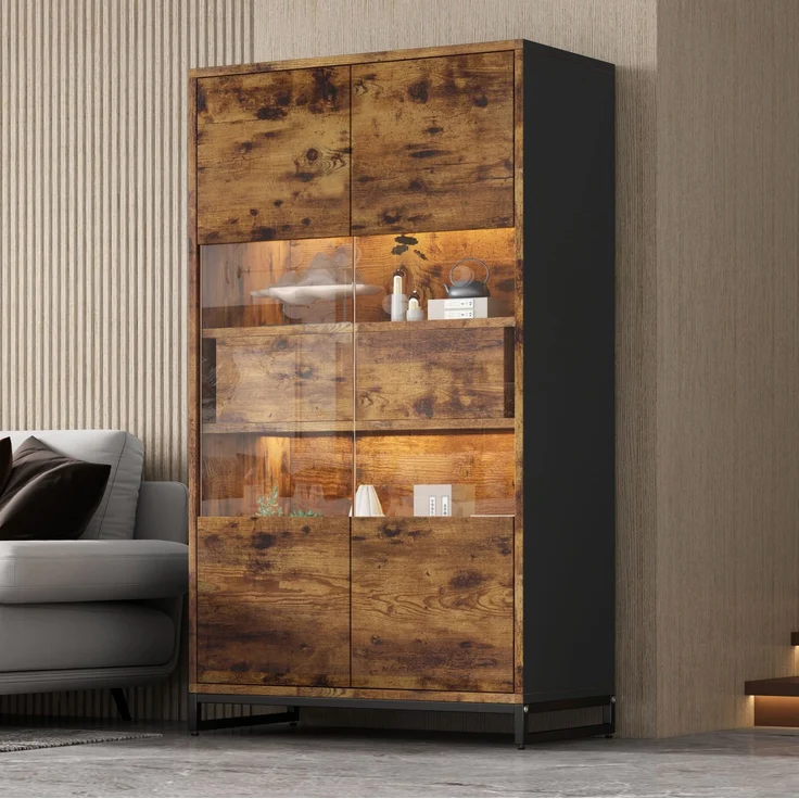 Vitrine aus MDF mit LED-Beleuchtung, 80x40x138 cm, Schwarz mit Holzmaserung – Bild 3