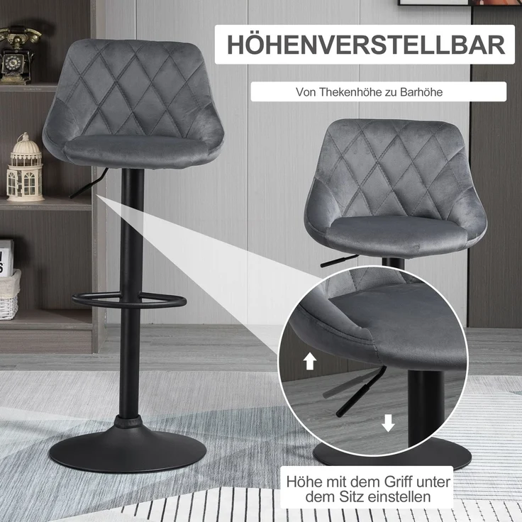 2er-Set Barhocker, höhenverstellbare Barstuhl mit Lehne, Samtoptik, Metallgestell, Fußstütze, drehbare, Dunkelgrau--Dunkelgrau--104x46x48cm--YOUDENOVA – Bild 6