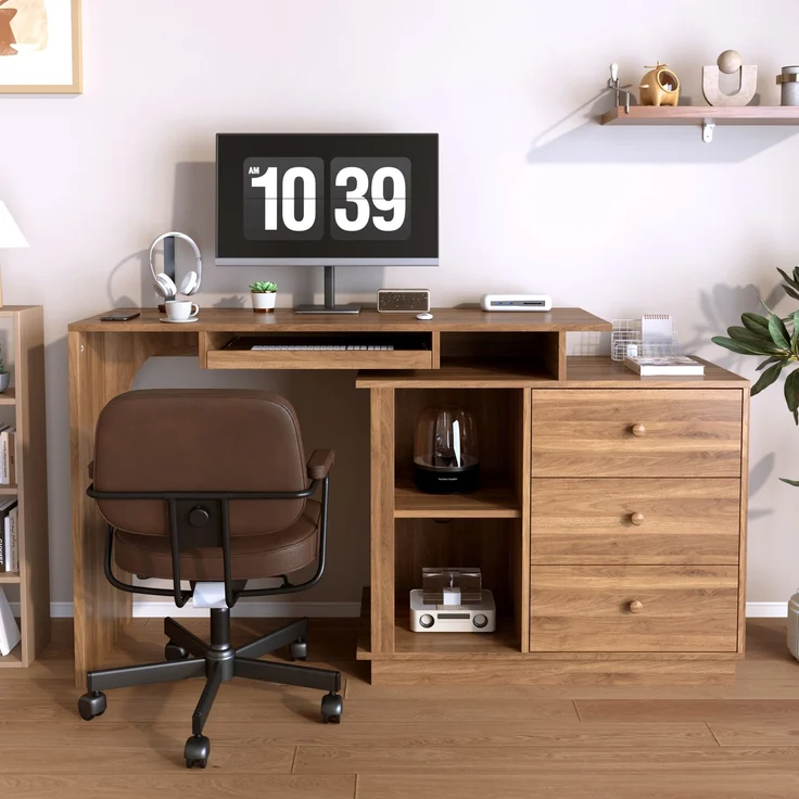 Moderner ausziehbarer Multifunktions-Computertisch mit ausziehbarer Platte, Tastaturauszug, offenen Fächern & Staurschrank mit 3 Schubladen, Schreibtisch für Heimstudium & Heimoffice--Nussbaum--76x40x75.5cm--YOUDENOVA – Bild 4