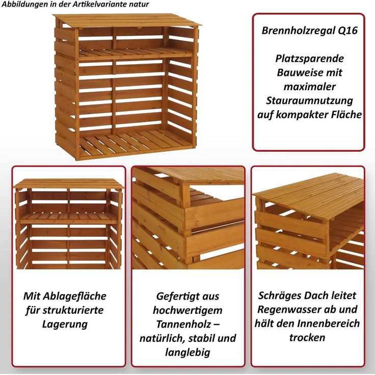 Brennholzlager HWC-Q16, Kamin-/Feuerholzregal Holzlager Holzunterstand, Ablage Holz Tanne FSC® 121x122x61cm ~ natur – Bild 2