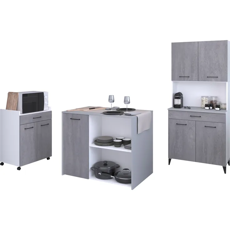 Mehrzweckschrank-Set >Malice 5< (3-teilig) Buffet + Insel + Beistellschrank, Beton Optik hell / weiß