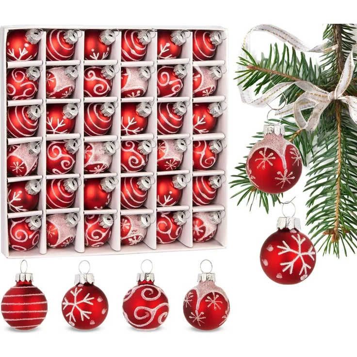 BRUBAKER Weihnachtsbaumkugel Weihnachtskugeln mit 3 cm Baumkugeln - Handbemalter Christbaumschmuck (36 St), Mini Kugeln für Weihnachtsbaum und Weihnachtsdekorationen aus Glas