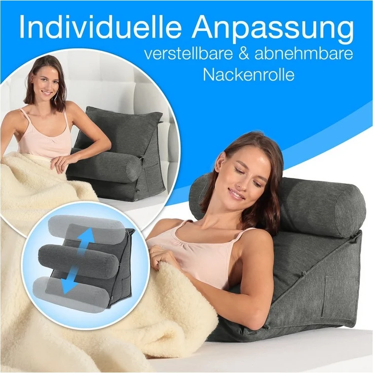 aktivshop Rückenkissen mit Nackenrolle für Bett & Sofa, 55x50x30cm, waschbarer Bezug – Bild 2