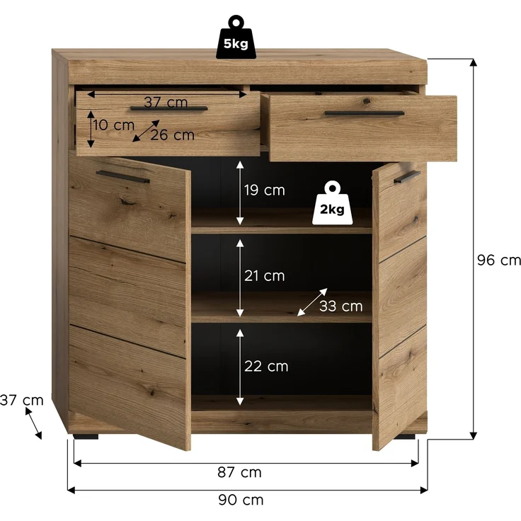 Schuhkommode >Scout< 2 Schübe, 2 Türen, in Evoke Eiche Dekor - 90x96x37cm (BxHxT) – Bild 4