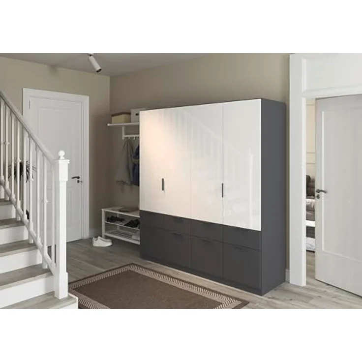 Rauch Möbel Aberdeen, Drehtürenschrank, Kleiderschrank, Garderobe, 4-türig, 8 Schubladen in Absetzung Grau metallic, Schwarz, Farbe Grau metallic/Hochglanz weiß, Griffe Grau metallic, 181 x 197 x 54 cm – Bild 3