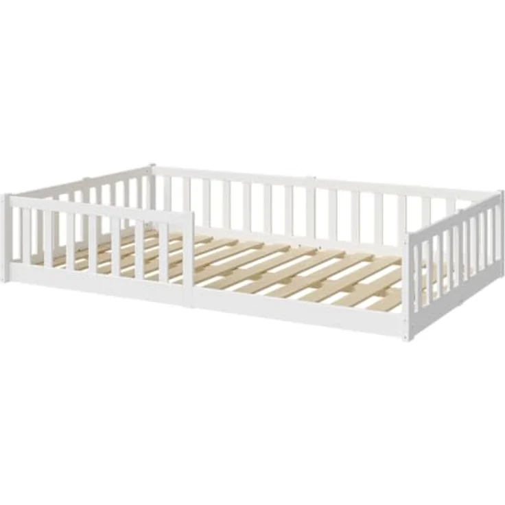 Bellabino Vere Bodenbett 120x200 cm – Montessori Kinderbett mit Rausfallschutz & Lattenrost, Massives Boden Bett für Jungen & Mädchen aus Holz Kiefer – Kleinkindbett in Weiß – Bild 2