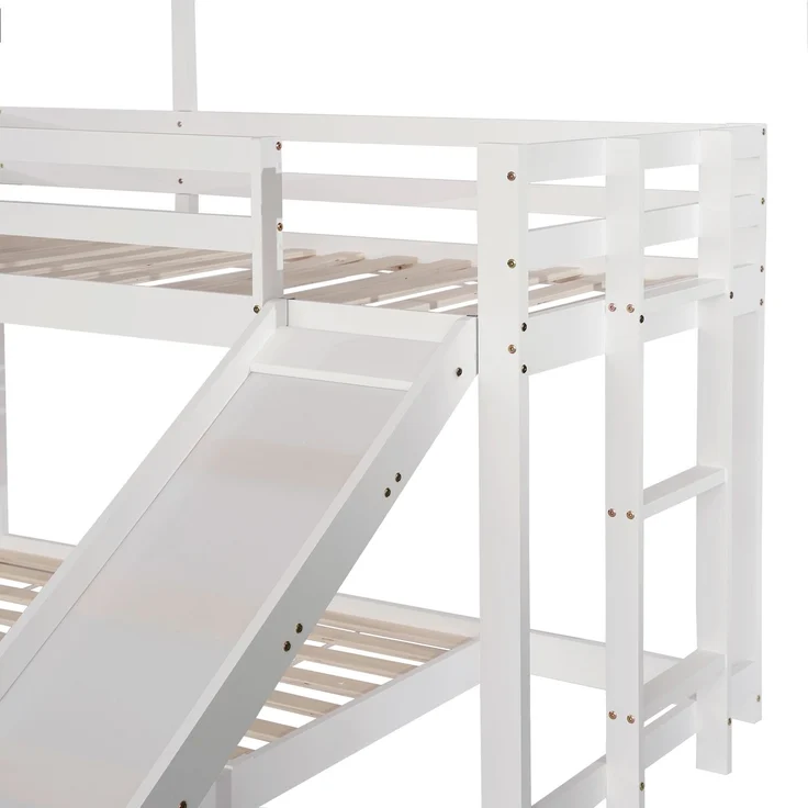 Etagenbett Kinderbett Hausbett mit Rutsche 90×200 & 140×200 cm weißes Kiefer-MDF Hochbett mit Leiter und Spielbereich – Bild 10
