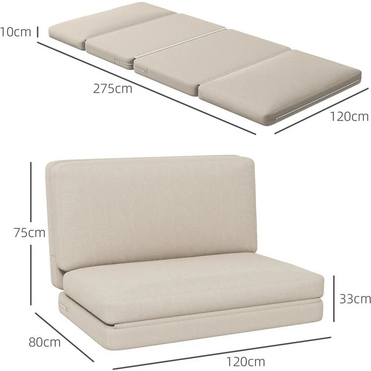 HOMCOM Sitzkissen 3-in-1 Klappbar Schlafsofa mit Samtoptik, für Schlafzimmer, Wohnzimmer, Beige – Bild 2