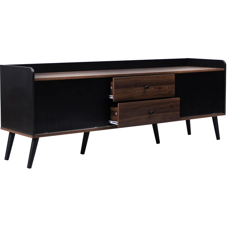 TV-Ständer 160 cm Schwarz & Holz, Sideboard mit gestreiften Schiebetüren, zwei Schubladen, Massivholzbeine – Bild 10
