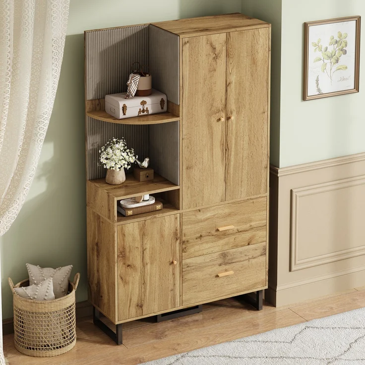 CHICFURN Schrank 110x186x38 cm mit Schubladen, aus MDF – Garderobe mit Kleiderstange Schwarz,Natur – Bild 6