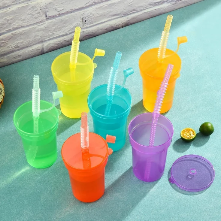 ALINK 6er Pack Neon Kinder Party Becher Set Deckel Strohhalm 380ml – Bild 6