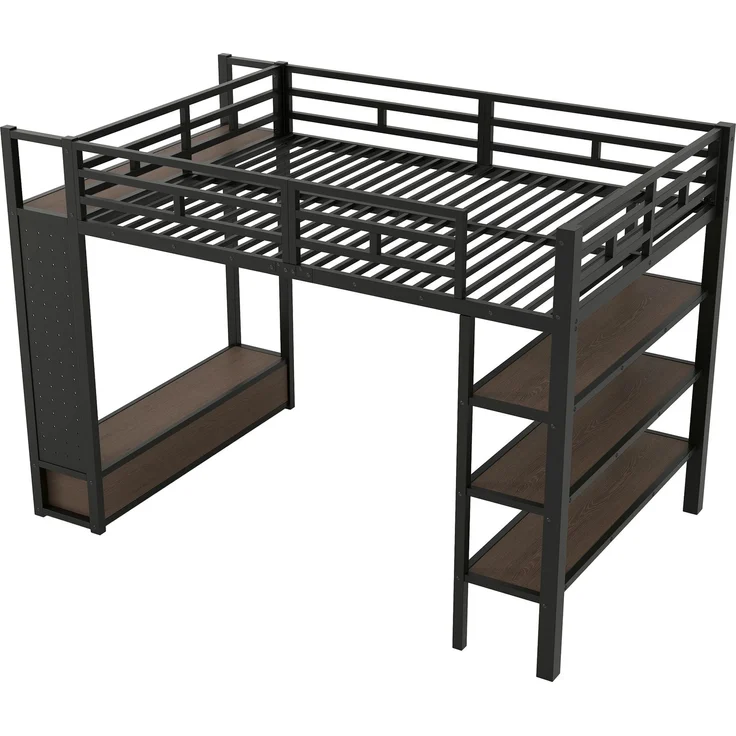 Merax Hochbett, 140x200 cm, Doppelbett, mit offenem Kleiderschrank, mit Ablagefächern, Lochwand und LED-Beleuchtung, schwarz – Bild 8