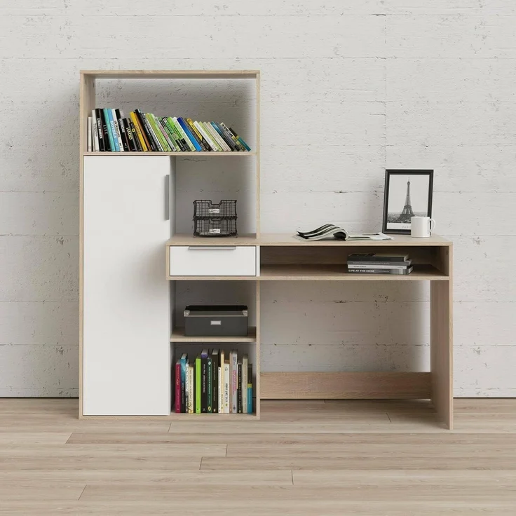 Dmora - Multifunktionsschreibtisch mit Bücherregal, Schublade und Tür, Farbe Weiß und Eiche, 162 x 155 x 60 cm – Bild 1