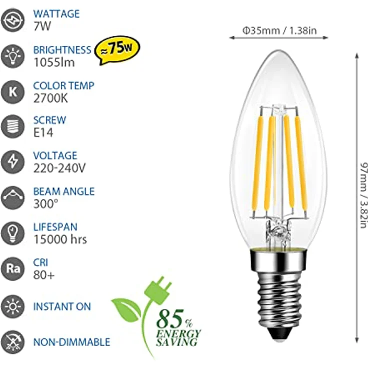 LVWIT E14 LED Warmweiß 7W, Kerzenlampe für Kronleuchter, Filament Glühbirne Kerzeform E14 1055LM 2700K, ersetzt 75W Halogenlampen, Classic Glühfaden, Nicht Dimmbar, 6er Pack – Bild 3