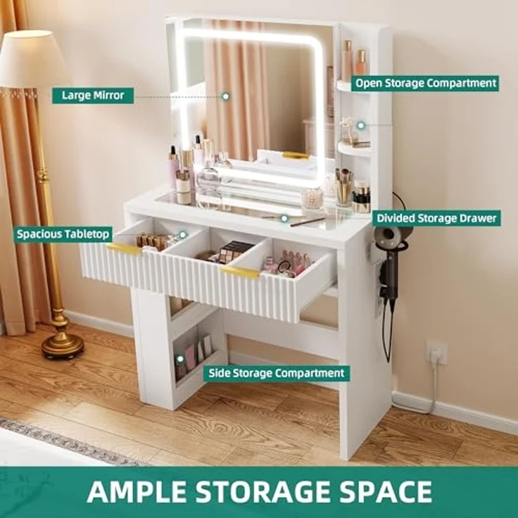 YITAHOME Klein Schminktisch mit Verstellbarer LED-Beleuchtung und Steckdosen, Frisiertisch für das Schlafzimmer, Make-up-Tisch mit transparenter Glasplatte, weiß, 80 x 40 x 140 cm – Bild 5