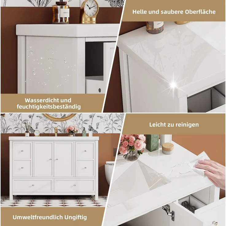 Badezimmerwaschtisch 120x50x86,5 cm mit Kunstharzbecken, 4 Schubladen und 2 Türen – Weiß – Bild 5