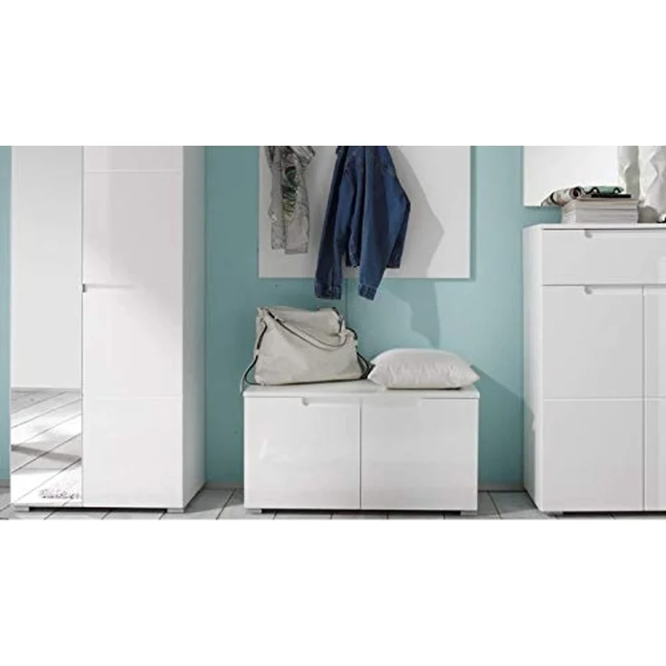 moebel-dich-auf Garderoben-Set SLICE, (Komplett-Set, 5-St, Garderobenschrank + Paneel + Bank + Spiegel + Schuhkommode), Front MDF weiß Hochglanz – Bild 3