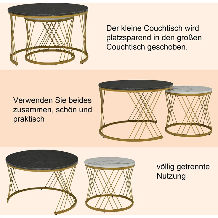 Nesting Couchtisch Set marmoroptik, 2-teilig, 70/45x70/45 cm, grau+gold – Bild 7