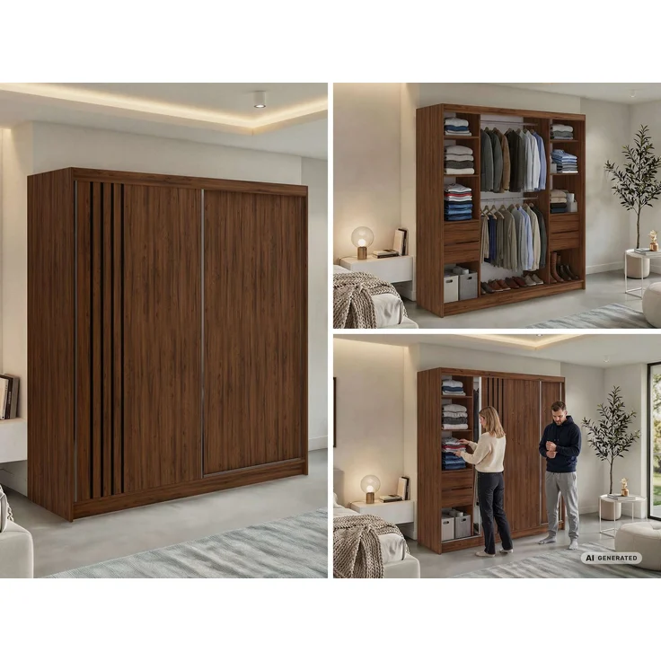 Schwebetürenschrank NAURU mit Lamellen-Optik, moderner Kleiderschrank, Breite 200 cm, inkl. Innenausstattung & Stauraum, Akustikpaneel-Design - Warmia-Nuss und Schwarz - mit Schubladen – Bild 2