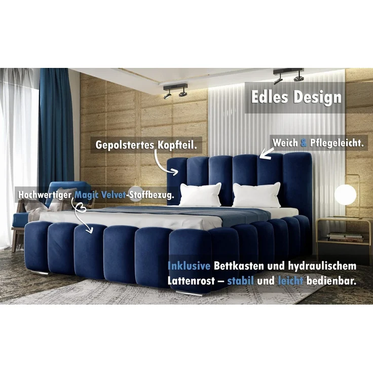 thematys Polsterbett mit Bettkasten & Lattenrost Stauraumbett 180x200cm, mit 18 cm 7-Zonen-Taschenfederkern H3, Samt, Blau – Bild 2