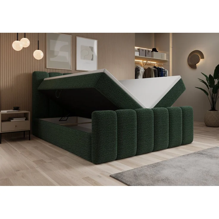 thematys Boxbett mit Bettkasten 200x200cm, mit Bonnellfederkernmatratze H3, Bouclé/Velours, mit Stauraum, mit 3 cm Topper, Grün (Fredo Prime 25) – Bild 4