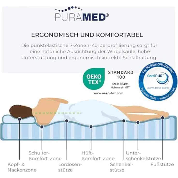 PURAMED Kaltschaummatratze - 200x200 cm - Höhe 18 cm - Härtegrad H2 & H3 - ergonomische 7-Zonen Matratze - produziert in Deutschland - waschbarer Mikrofaser-Bezug - Oeko-TEX® & CertiPUR Zertifiziert – Bild 5