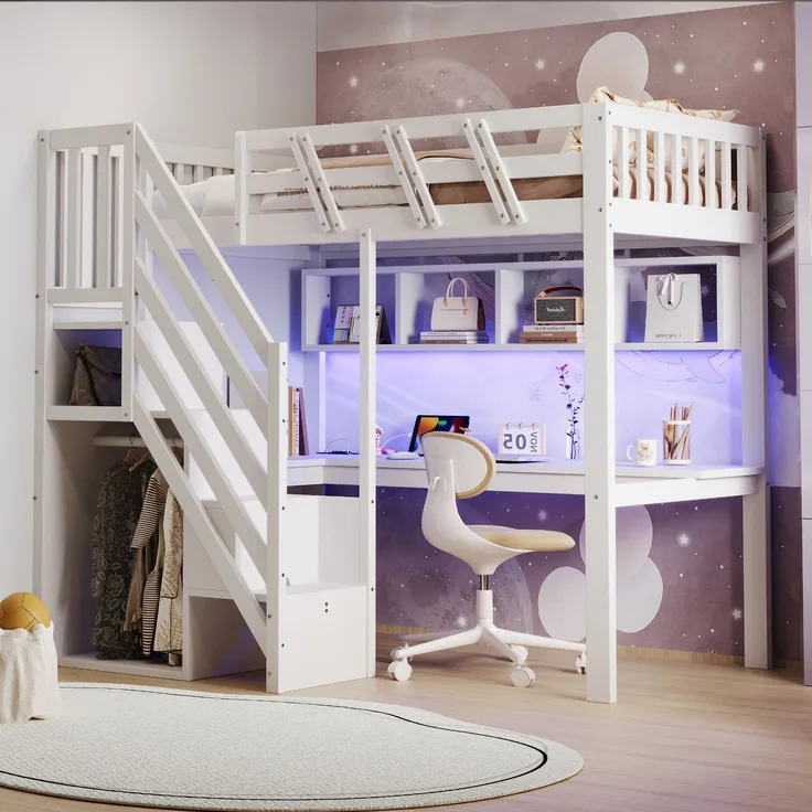 EINHOM Massivholzbett 90 x 200 cm mit Stauraum, Holz, Treppe mit Aufbewahrungsschrank, mit einem Schreibtisch, mit USB-Steckdose und mit LED-Licht Kinderbett, Jugendbett, Einzelbett, Massivholzrahmen, Hohe Ausführung, Weiß (Ohne Matratze)