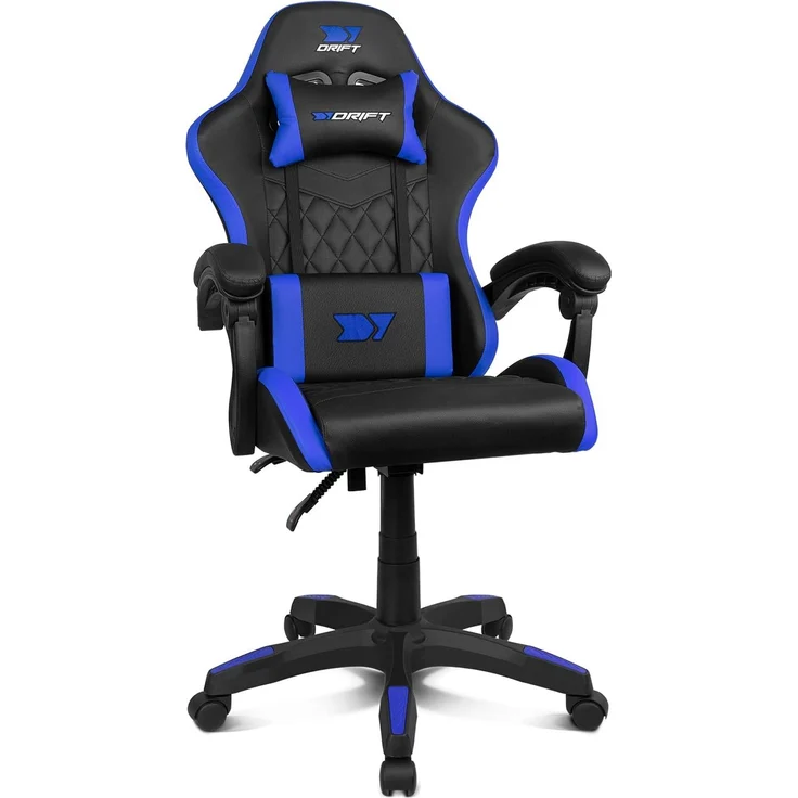 Drift Gaming DR35 Professioneller ergonomischer Gaming-Stuhl mit Lendenwirbelstütze und verstellbaren 2D-Armlehnen, 135° neigbar, robuste Basis, leise Rollen, Bezug aus Kunstleder, Schwarz und Blau