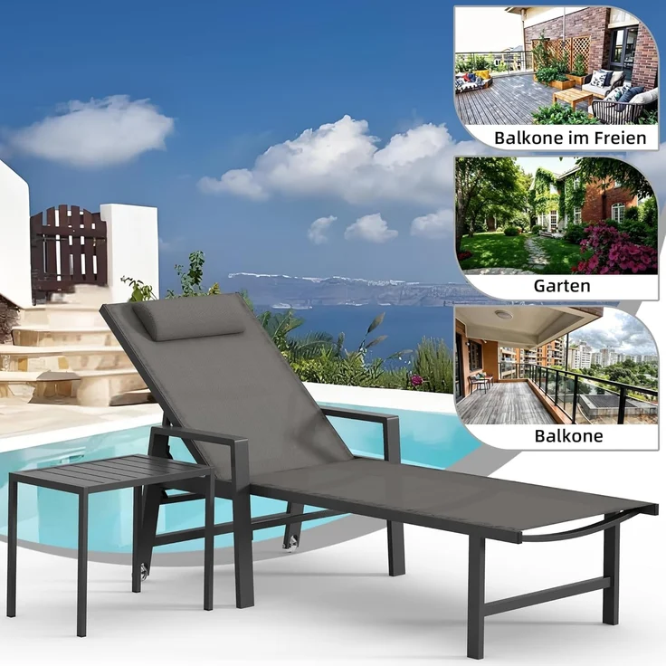 Mucola 1x Sonnenliege und Gartentisch Aluminium Gartenliege 200KG & Rollen wetterfest Teslin Klappliege Camping Terrassentisch – Bild 2