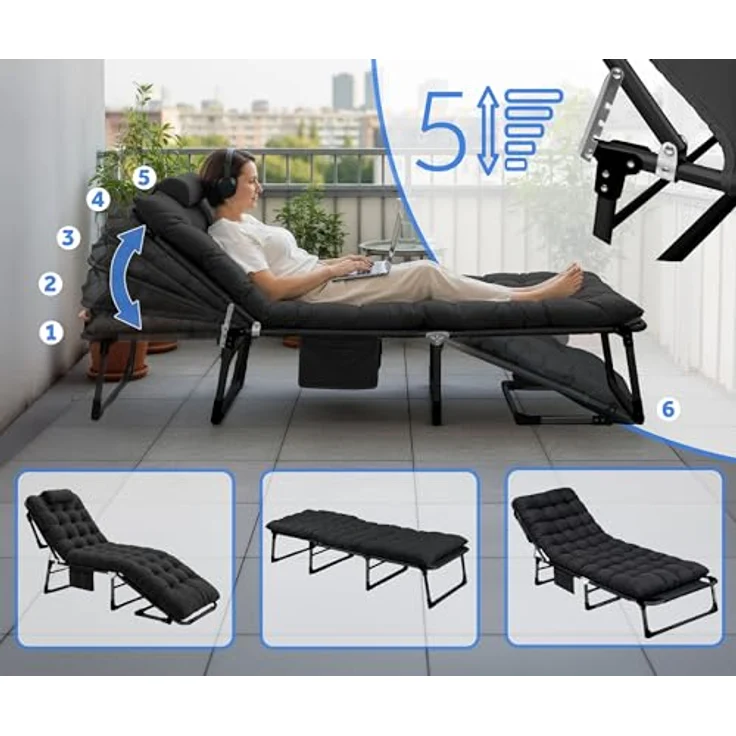 Sofotel Klappbares Gästebett und Sonnenliege mit Matratze und Kissen - 5-stufig verstellbare Gartenliege - für Schlaf und Entspannung - 193 x 67 x 40-75,5 cm - für Camping, Garten und Gäste - Schwarz – Bild 7