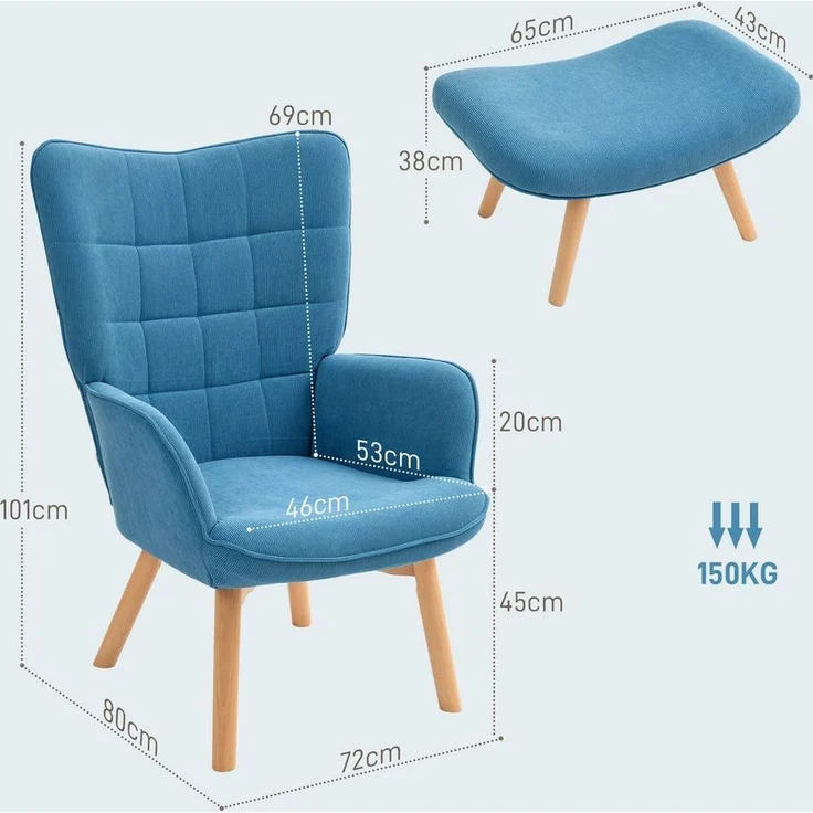HOMCOM Relaxsessel Ohrensessel mit Hoher Rückenlehne, Holzbeine (Sessel mit Hocker, 2-St, Loungesessel), mit getuftetem Design, Cord-Optik, für Wohnzimmer, Blau – Bild 2