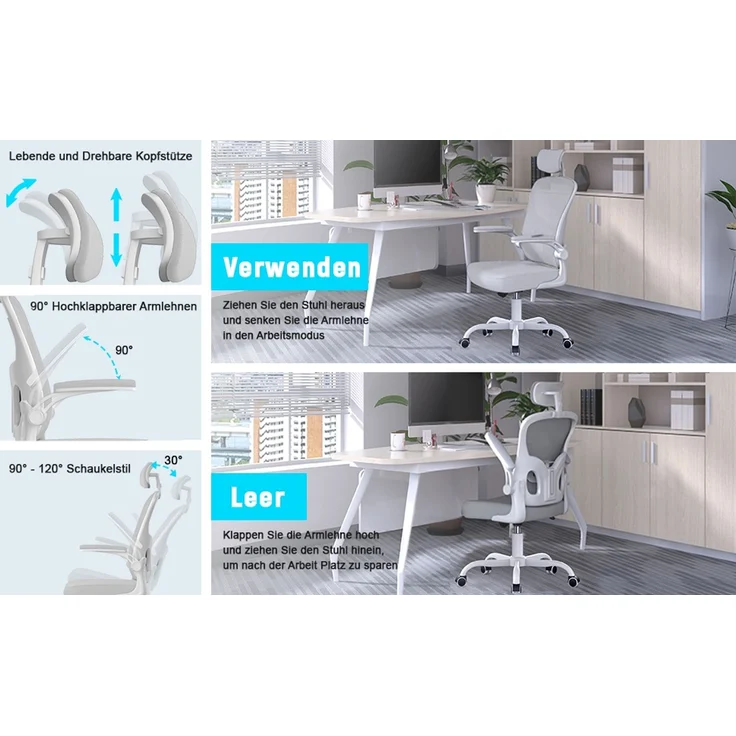 Botifly Ergonomischer Bürostuhl mit Kopfstütze, Mesh-Gewebe, Grau, 90°-120° Wippfunktion, 10 cm Höhenverstellbar, mit Lendenwirbelstütze, 52 x 26 x 57 cm – Bild 9