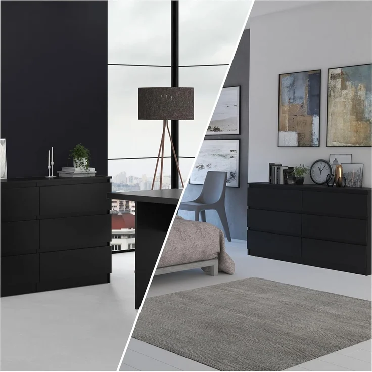 CDF Kommode Schwarz mit 6 Schubladen 40 cm Tief Komodenschrank Komode für Wohnzimmer Schlafzimmer Schubladenschrank Malm Kommode viel Stauraum Geeignet Organizer Kleidung 138 cm Breite Modern Look – Bild 8