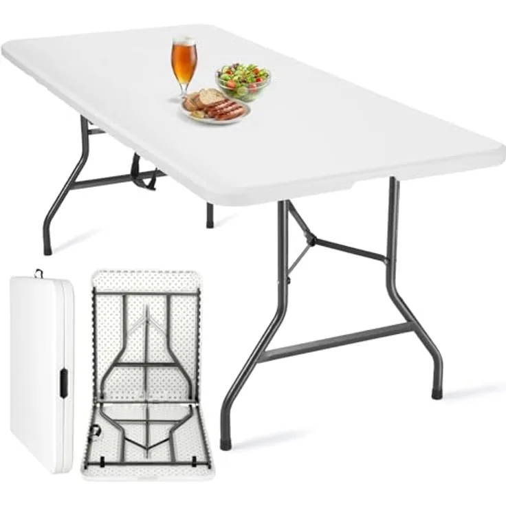 Velway Buffettisch Gartentisch klappbar mit Koffergriff - 180 x 74 x 74 cm Wetterfest Kunststoff Klapptisch Leicht zu Reinigen für Garten Terrasse Balkon Camping Partytisch Campingtisch - Weiß