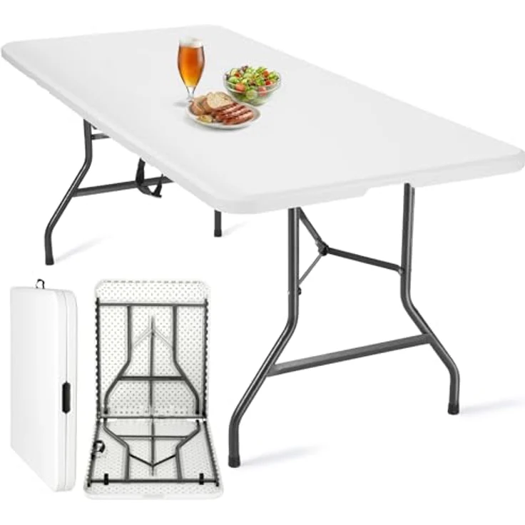 Velway Buffettisch Gartentisch klappbar mit Koffergriff - 180 x 74 x 74 cm Wetterfest Kunststoff Klapptisch Leicht zu Reinigen für Garten Terrasse Balkon Camping Partytisch Campingtisch - Weiß – Bild 1