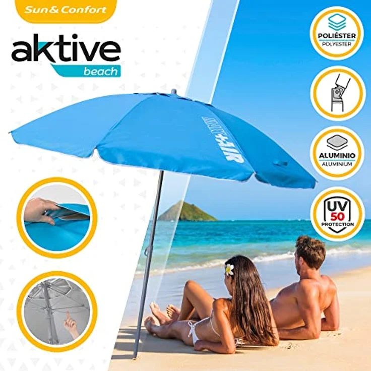 Aktive 62239 – Großer, winddichter, extrem widerstandsfähiger Strandschirm | Kippmast | Inkl. Aufbewahrungstasche mit Tragegriff | Großer blauer Sonnenschirm – Bild 4