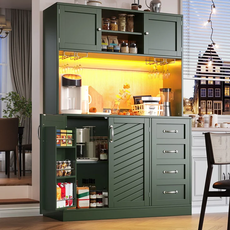 Seitenboard / Aufbewahrungsschrank / Küchenschrank / Buffetschrank, 120x40x188cm, mit LED-Beleuchtung, Snackregal & Getränkehaltern, 4 Türen & 2 große Schubladen, Grün/Schwarz/Weiß--Grün--120x40x188cm--YOUDENOVA – Bild 4