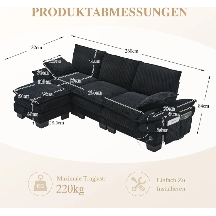 DESVIAE Sofa 3-Sitzer mit Hocker, 260x84x132 cm, Corduroy, Schwarz, mit USB-C-Anschluss und Stauraum – Bild 10