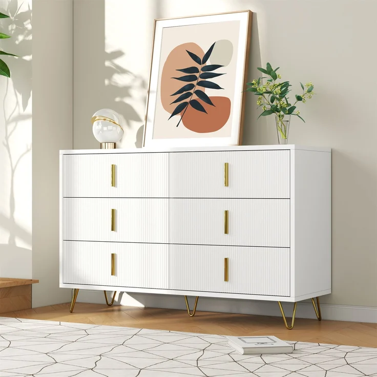 Sideboard 120x40 cm Weiß Gold 6 Schubladen Wellenfront TV Schrank Lowboard Aufbewahrung Wohnzimmer Esszimmer – Bild 5