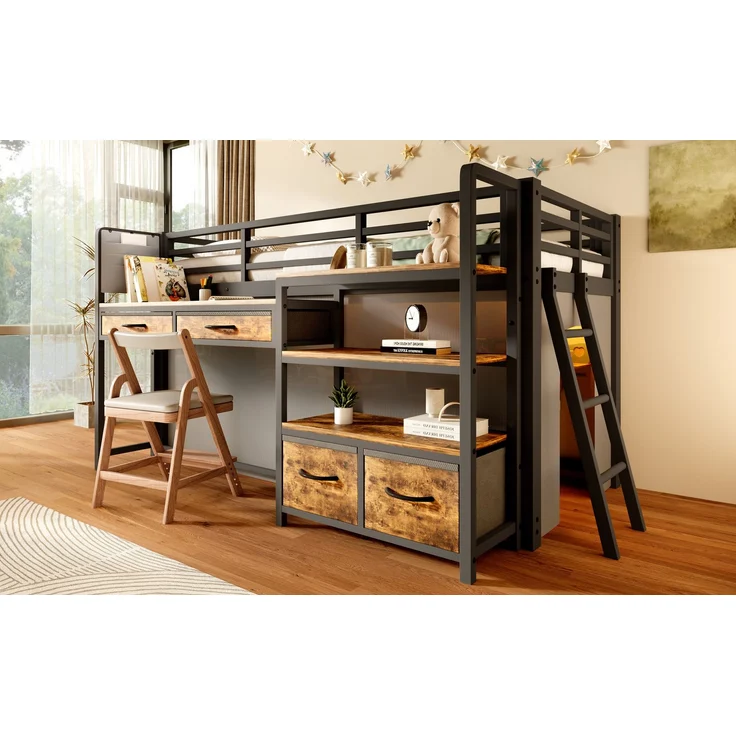 ZUBALIYA Hochbett 90x200 cm mit Schreibtisch, Stauraum und Stoffschubladen, Kinderbett aus Metall mit Vorhang, mehrschichtigem Regal und LED-Licht, Schwarz – Bild 8