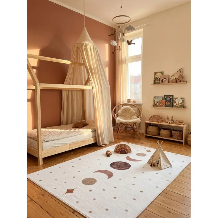 KADIMA DESIGN Kinderteppich TINO Kinderteppich Waschbar Kinderzimmer Schadstoffgeprüft, Läufer, Höhe: 10 mm, Creme, 80x150 cm, Kinderteppich Waschbar Spielteppich
